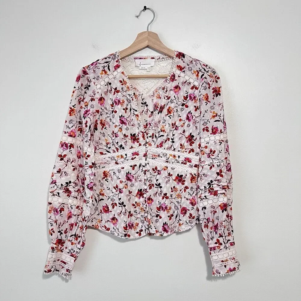 Anthropologie Puff Sleeve Floral Lace Trim Buttondown Blouse Top Size 4 Cottage